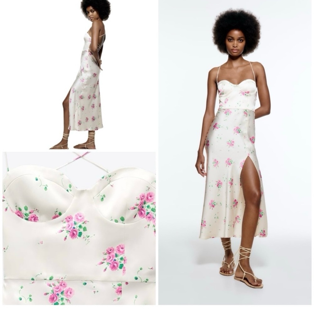 Zara Floral Roses Lace Up Lace Back Satin Effect High Slit Slip Midi